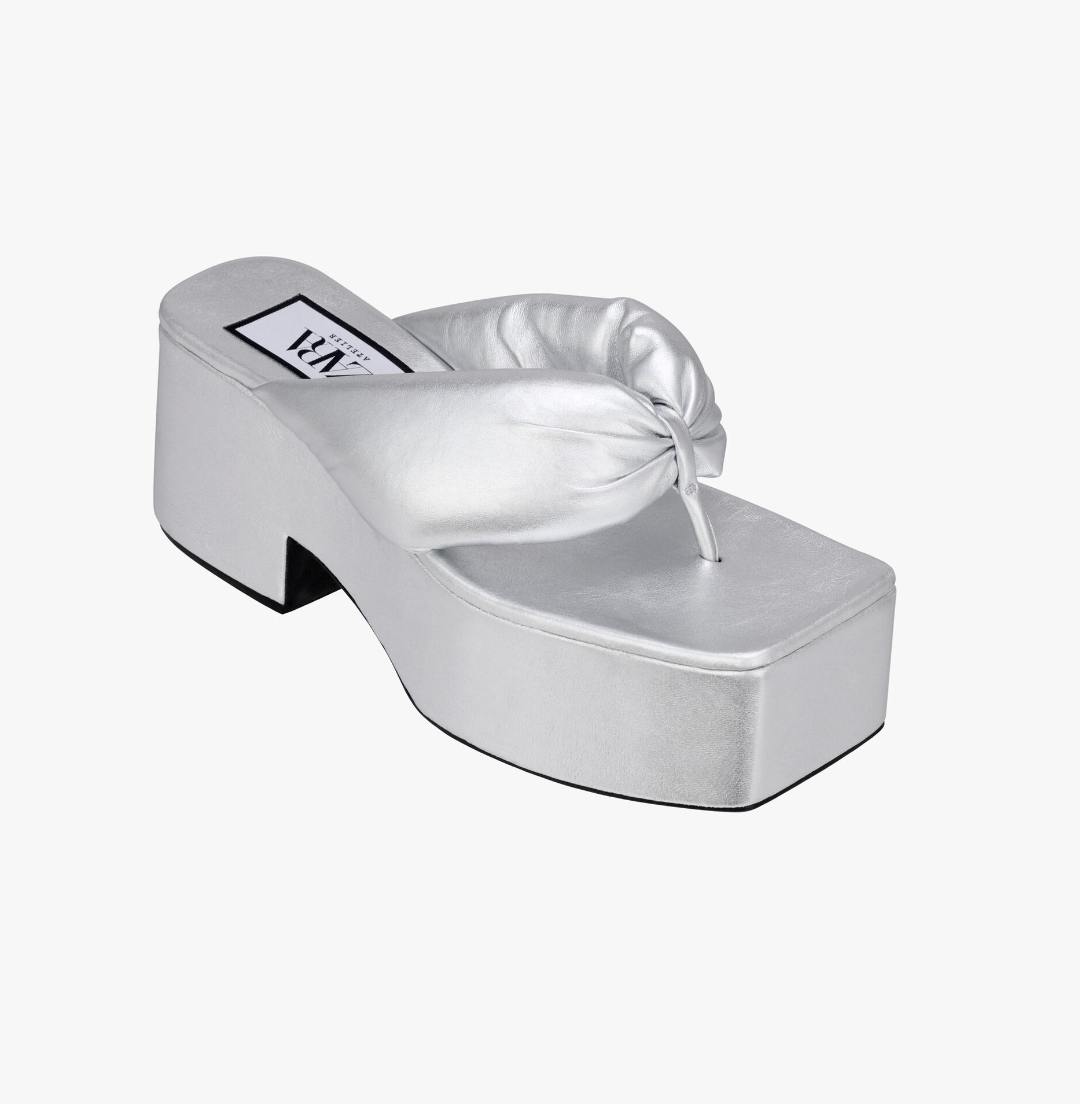 ZARA SILVER CHUNKY TOE POST LEATHER PLATFORM HEELED SANDALS