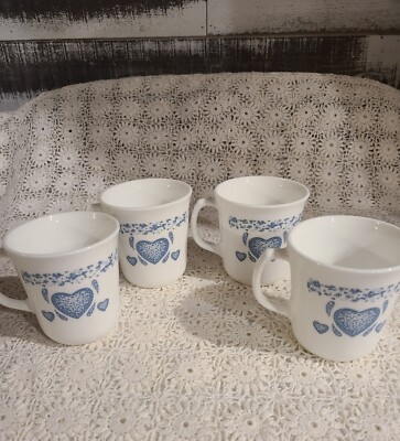 Vintage Corning Blue Hearts, Blue Sponge Set of 4 Mugs