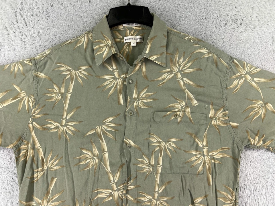 Camisa Pierre Cardin Hombres Grande Verde Bambú Floral Hawaiana Abotonada Rayón Playa Foto 4 de 4