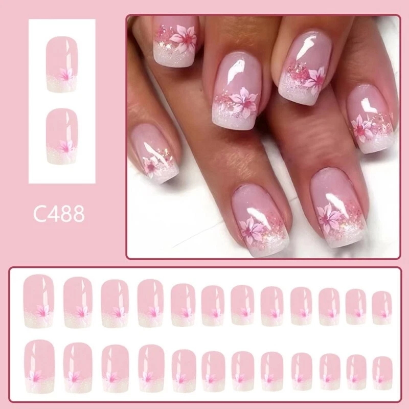 Short Flower False Nail Set 24 Pieces Press on Nail Manicure Nail Art Decoration - Image 2 of 4