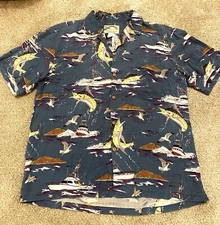 VTG Paradise Found Hawaiian Shirt Mens Medium Blue Marlin/Fishing Boat Print