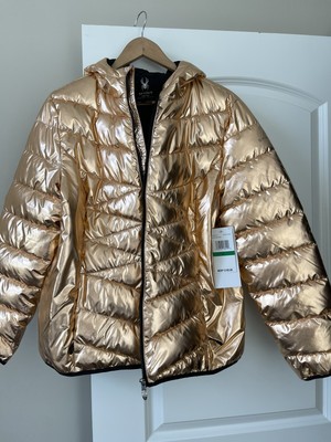 metallic rose print puffer jacket