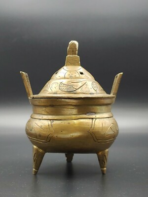 清代大明宣德款鼎式冲天耳铜香炉琴炉19th C Chinese Brass Xuande Mark