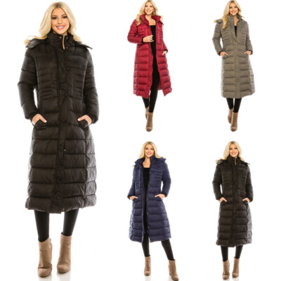 Haute Edition Women's Maxi Length Quilted Puffer with Fur Lined Hood