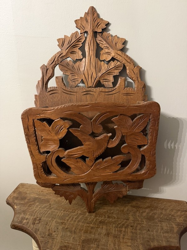Antique Hand-Carved Wooden Wall Pocket Bird & Leaf Motif Aesthetic Movement