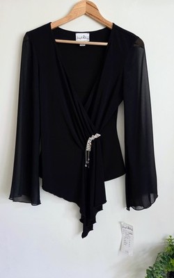 Joseph Ribkoff Größe 10 verziertes Abendtop schwarz transparente Rüschenärmel