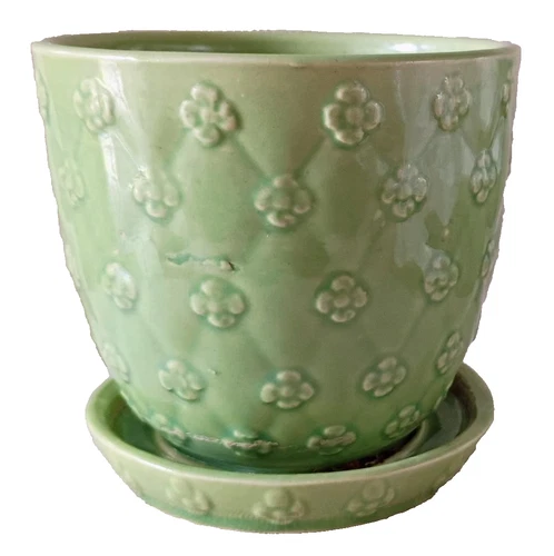 VINTAGE SHAWNEE POTTERY QUILTED DAISY FLOWER POT W/SAUCER # 455