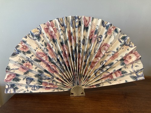 Vintage 1980’s Floral Decorative Standing Fan Brass Coated Base Granny Chic