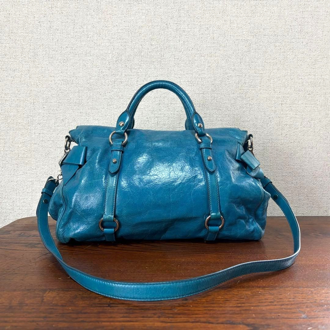 MIU MIU Vitello Lux Turquoise Blue 2way Shoulder Bag Handbag Leather Auth Used image 2