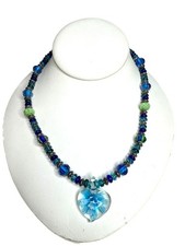 Handcrafted Blue Glass Beaded Necklace with Heart Flower Pendant