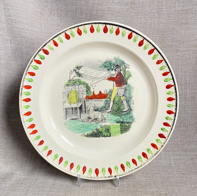Antiker seltener 1790 Leeds Creamware Satirikatur Jagdhund Bienenstock Teller