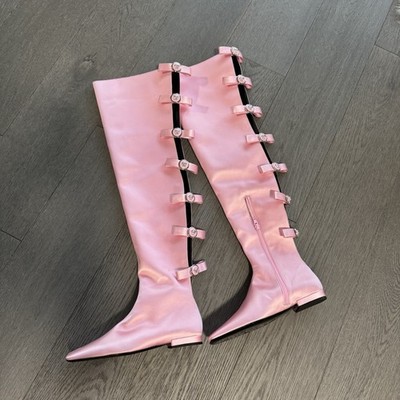 Versace Women's Pink Gianni Ribbon Satin Over-the-knee Boots Size36.5