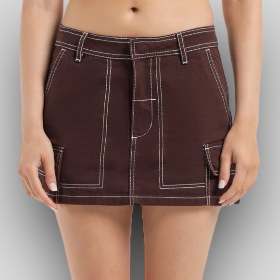 Thrills Brown Canvas Cargo Mini Skirt White Contrast Stitch Organic Cotton Sz 10