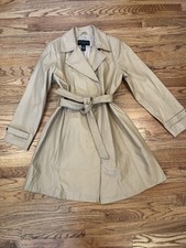 RARE VINTAGE WOMENS Y2K 90 sCENTIGRADE KHAKI LEATHER TRENCH COAT MEDIUM -LARGE