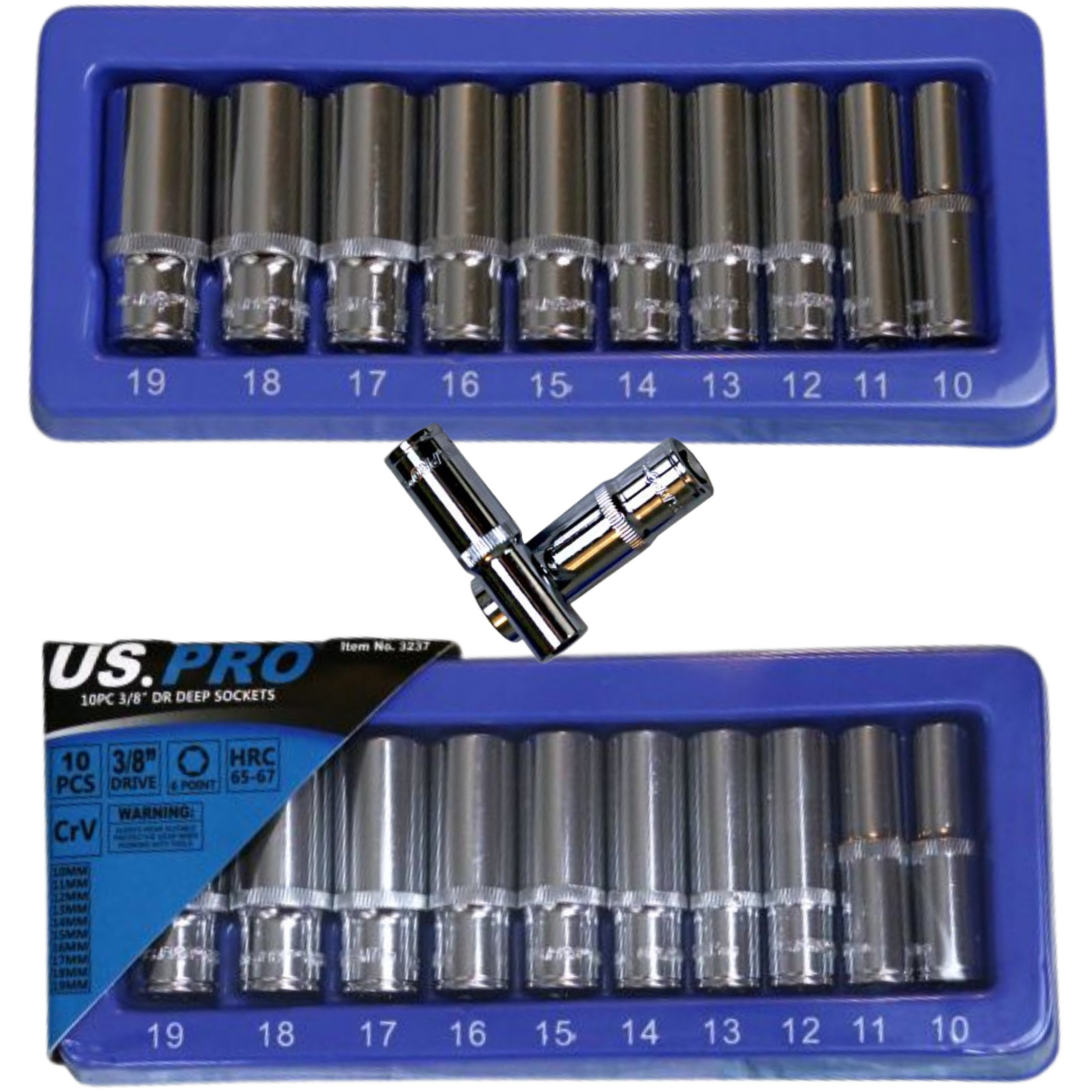 US PRO 10PC 3/8"" Drive Deep Socket Set 10-19mm CR-V Metric 6 Point 3237