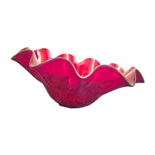 RETRO BLENKO MCM ART GLASS RUBY RED CRIMP CRACKLE BOWL -10 In - UNMARKED