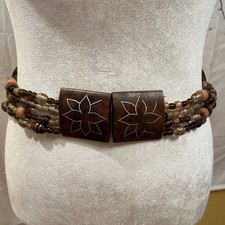 Vintage Glass Beaded Belt Elastic 4 Strand Wood Buckle Boho Cottage Crafts flaw