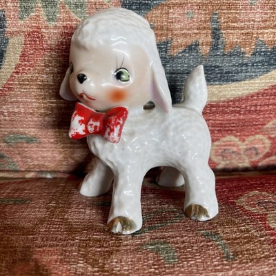Vintage Ceramic  Lamb Red Bow Mid Century Japan