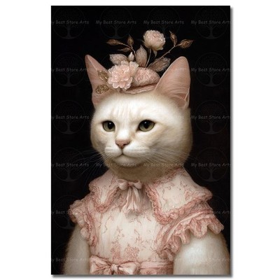 Cat Art Print, Artistic Atmospheric Pink Floral Poster, Victorian Room Decor