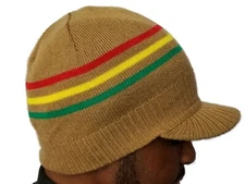 Tan Rasta Skull Beanies Hat Winter Billed Jamaica Skull Knit Cap Kufi Peaked