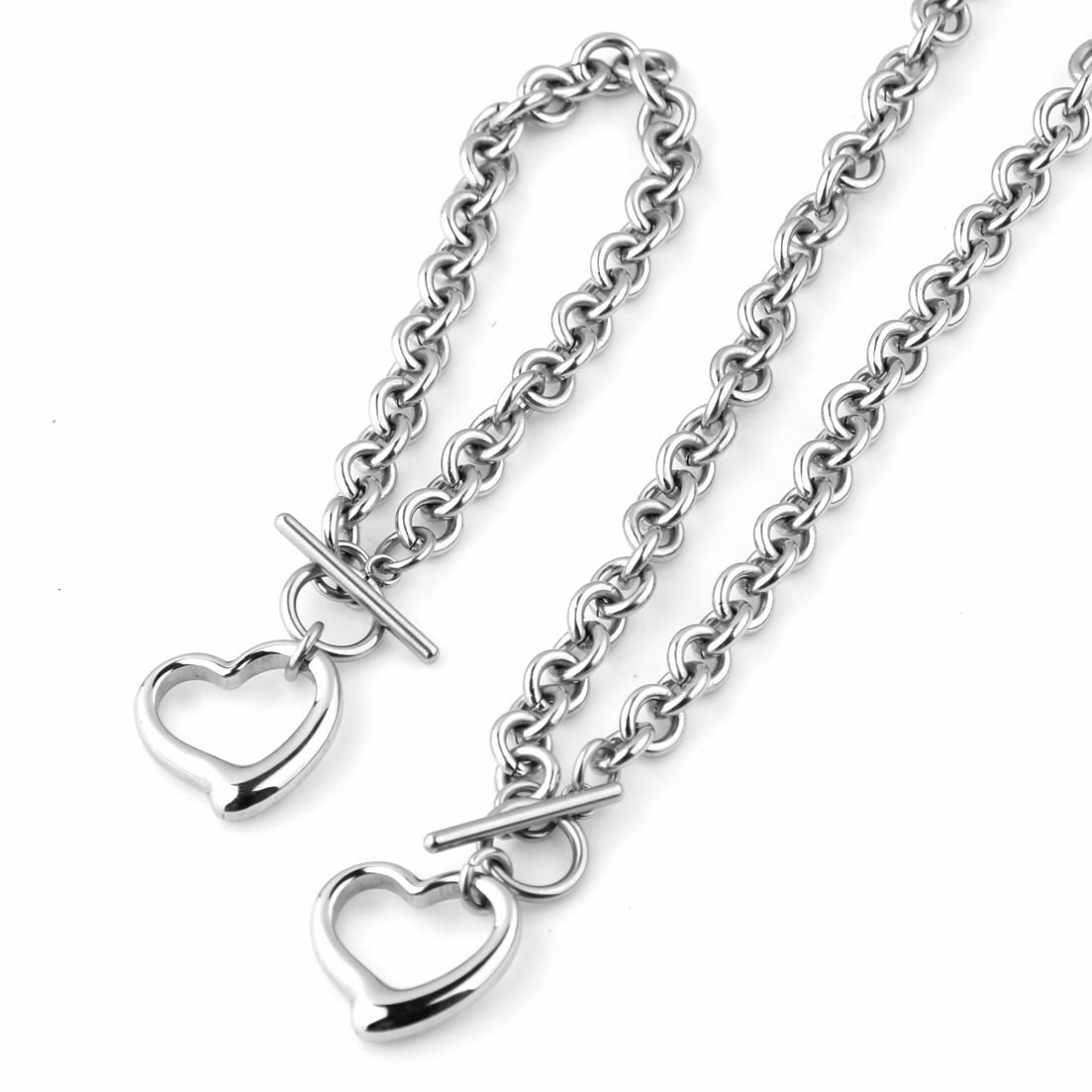 Beauty Women's Set Silver Stainless Steel Oval Chain Heart Necklace