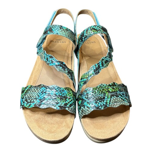 Earth Origins Poppy Sandals Women's Sz 11 Wide Strap Wedges Teal Snakeskin Print - Picture 3 of 10