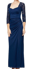 Flattering Evening Gown Alex Navy Lace Yoke  Sleeves Ruched, floor length NWT