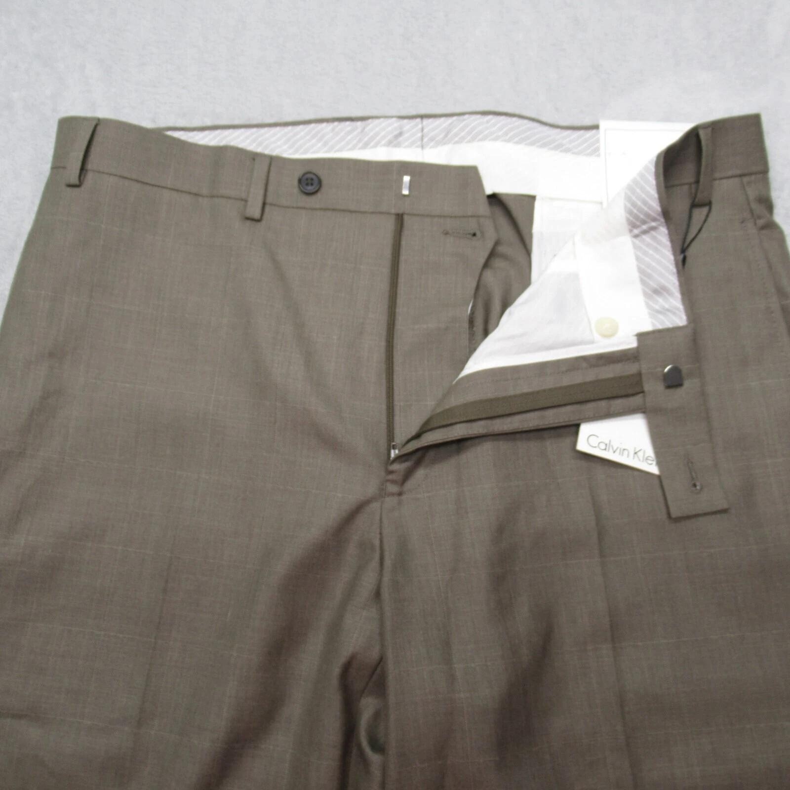 Calvin Klein Dress Pants Men 36x32 Light Brown Check Straight Flat Front $75 NEW thumbnail 7