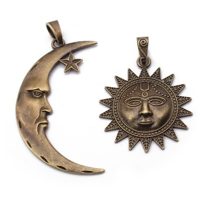 2Pcs Large Antique Bronze Sun Moon Face Charms Pendants DIY Jewelry Findings