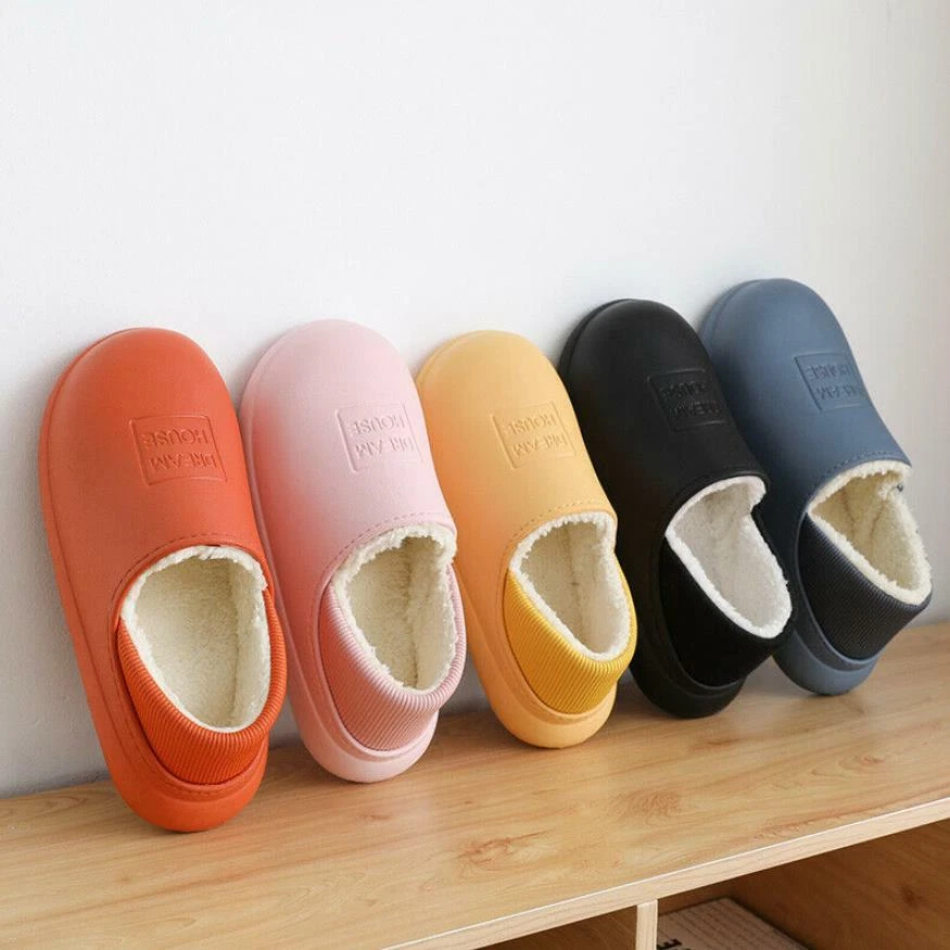 Home Waterproof Cotton Slippers Womens Warm Fur Lined Non slip