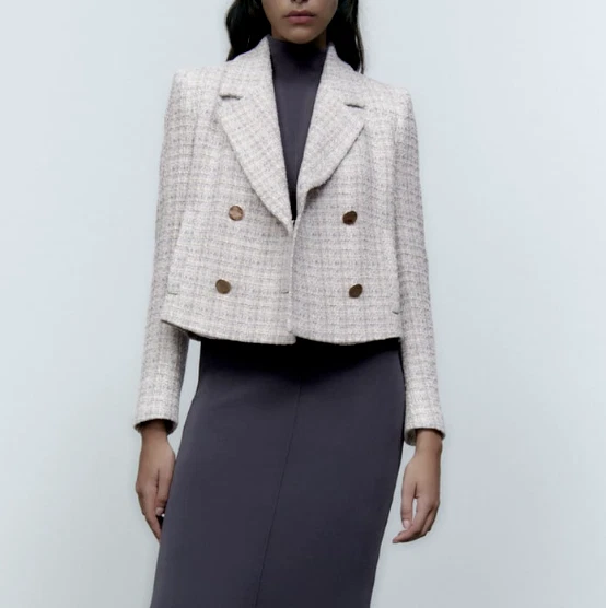 Zara - Double Breasted Textured Weave Jacket - White - Women