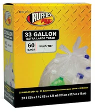 Ruffies 1124909 Trash Recycling Bags, Clear, 33 Gallon, 60-Ct. - Quantity 1