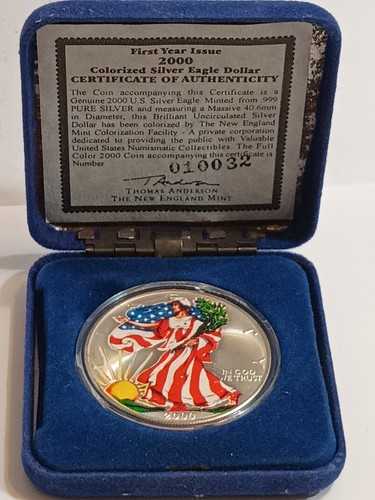 2000 $1 1OZ .999 FINE SILVER FIRST YEAR COLORED AMERICAN EAGLE WITH COA #010032 - Picture 1 of 7