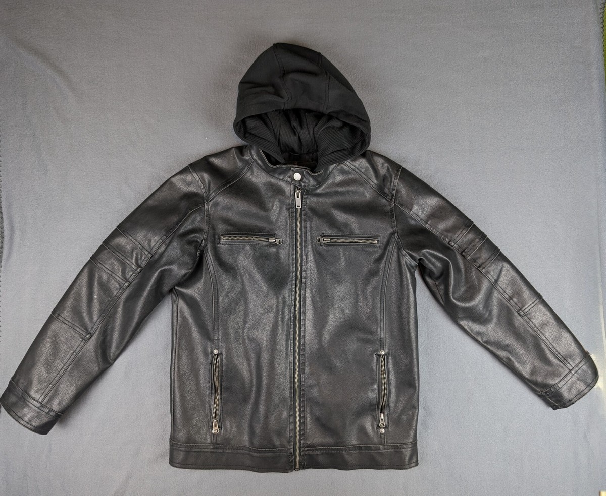 Black Rivet Black Leather Jacket with Removable Jersey Hoodie