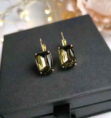 Vergoldene Ohrringe mit Swarovski Vitrail Khaki Octagon Crystal   Damen Schmuck