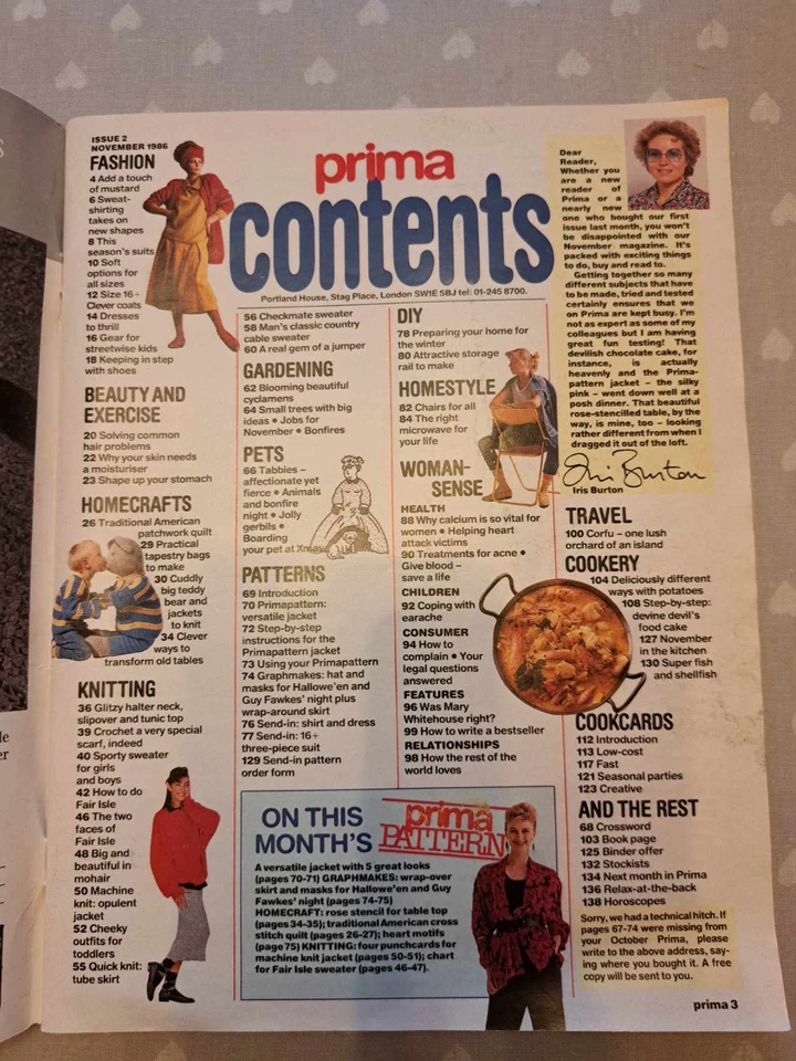 VINTAGE PRIMA MAGAZINE NOVEMBER 1986 SEWING & KNITTING PATTERNS, HANDICRAFTS - Image 2 of 4