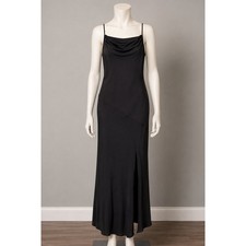 Fashion Black Cowl Neck Maxi Dress Satin Finish Side Slit Spaghetti Strap New M