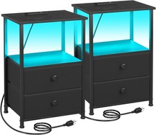 Night Stand Set 2 LED Nightstand W/ Charging Station End Tables W/ Storage Shelf