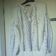 F&F White Embroidered Cotton Gypsy Bohemian Prairie Balloon sleeve top size 14