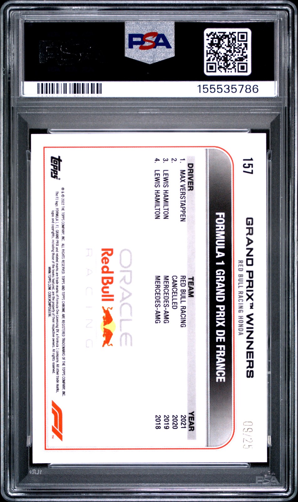 2022 TOPPS CHROME FORMULA 1 #157 MAX VERSTAPPEN 9/25 PSA 9 view 2