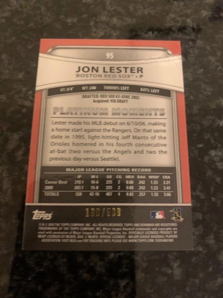 2010 Bowman Platinum GOLD #95 JON LESTER.......ONLY 138/539 - Image 2 of 2