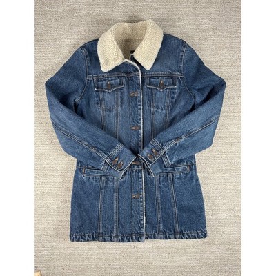 Gap Womens Sherpa Lined Denim Trucker Jacket Longline Medium Wash Blue Coat