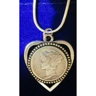 Vintage 1943 Mercury Dime 90% Silver Coin on Heart Bezel Pendant Sterling Silver