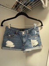 Forever 21 Denim Shorts Distressed Frayed Hem High Waist Blue Size 26