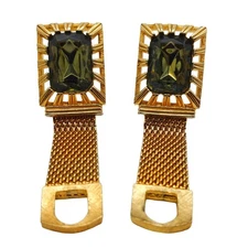 Vintage Swank Cufflinks Gold Tone Mesh Wrap Green Glass Stone Retro 60s Designer