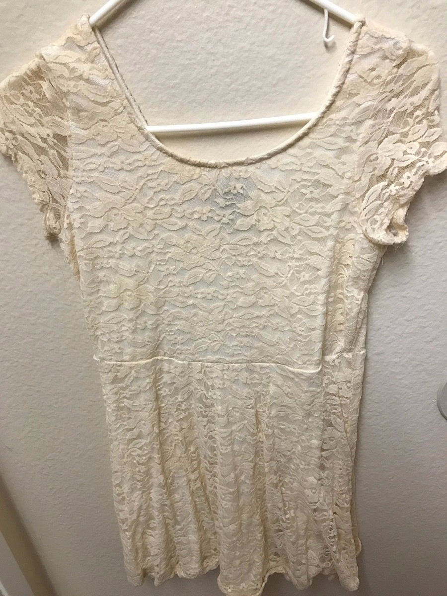 Casual Formal Cream Floral Lace Short Sleeve Babydoll Mini Flowy Dress M |  eBay