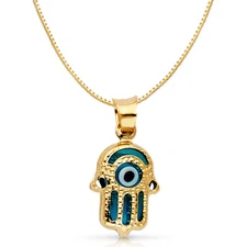 14K Yellow Gold Evil Eye Hamsa Charm Pendant with 0.8mm Box Chain Necklace