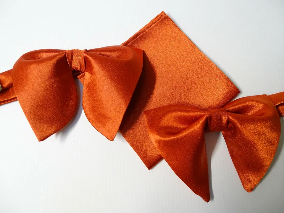 Handmade Mens Satin Bow Tie Handkerchief Orange Rust Wedding Prom Gift 4 Him - Image 3 of 4