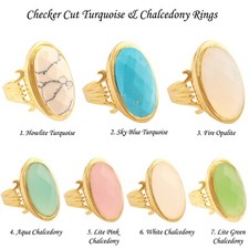 Oval Gemstone Ring Checker Cut Turquoise  Chalcedony Ring Gold Plated Rings.
