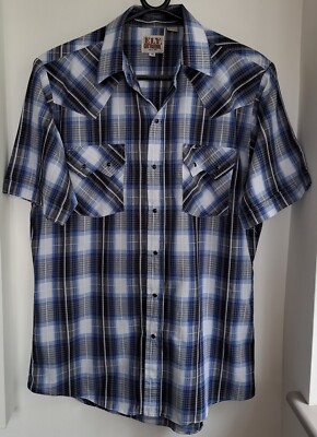 Vintage Ely Cattleman blau kariertes Western Cowboy Hemd Druckknöpfe 45''-114,5cm M (148WR